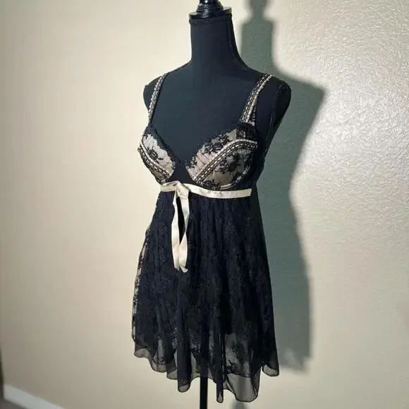 Delicates Black Cream Lace Babydoll Cottagecore Fairy Satin Bow Lingerie Dress - Picture 2 of 6